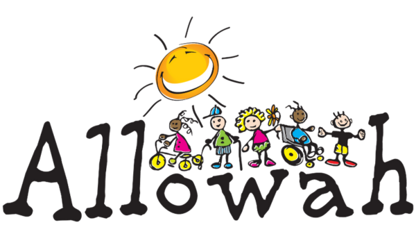 Logo image with the word 'Allowah' decorated with cartoon pictures of children and a smiling sun.